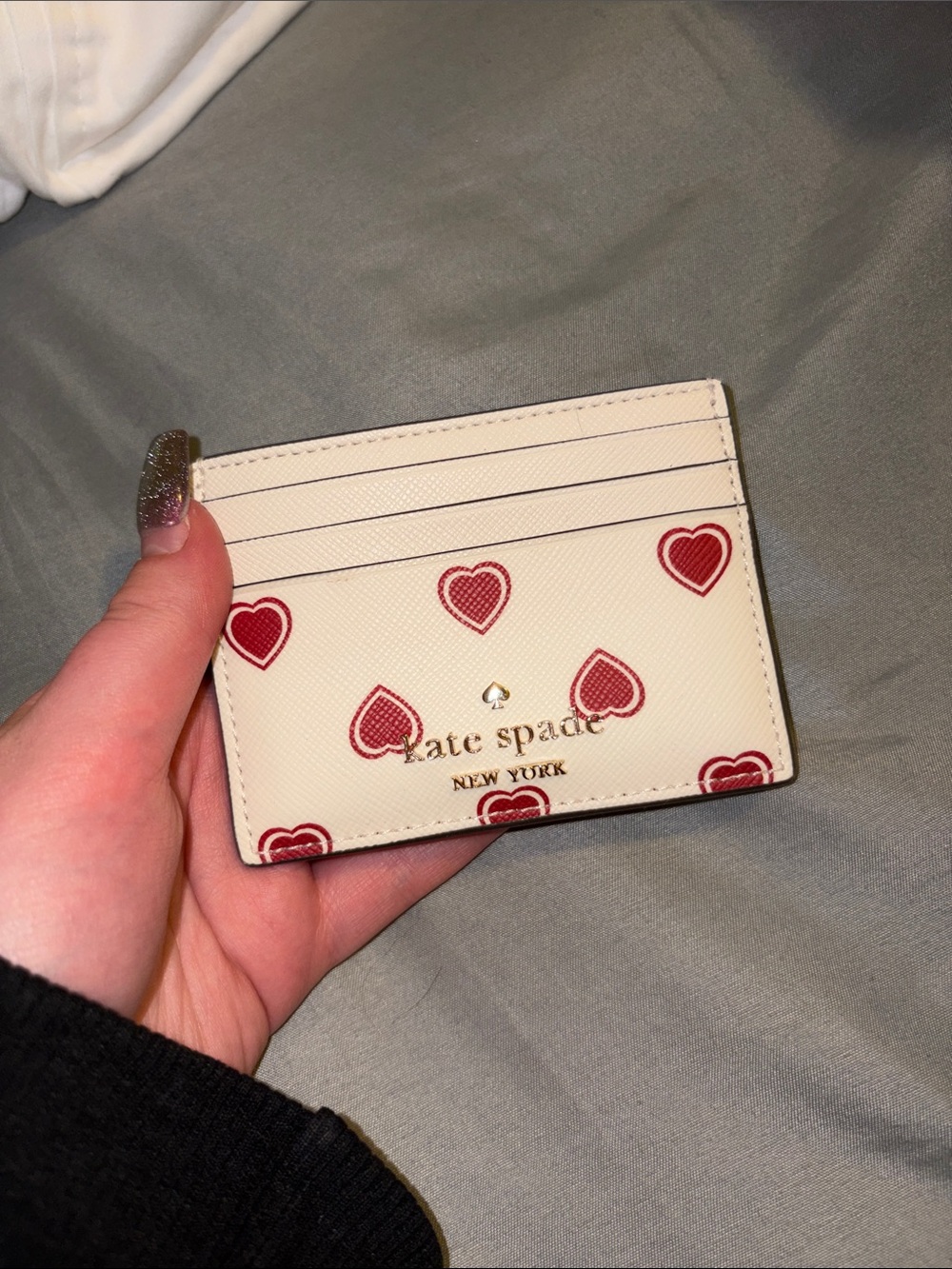 kate spade Cream Card Case with Red Heart Motif